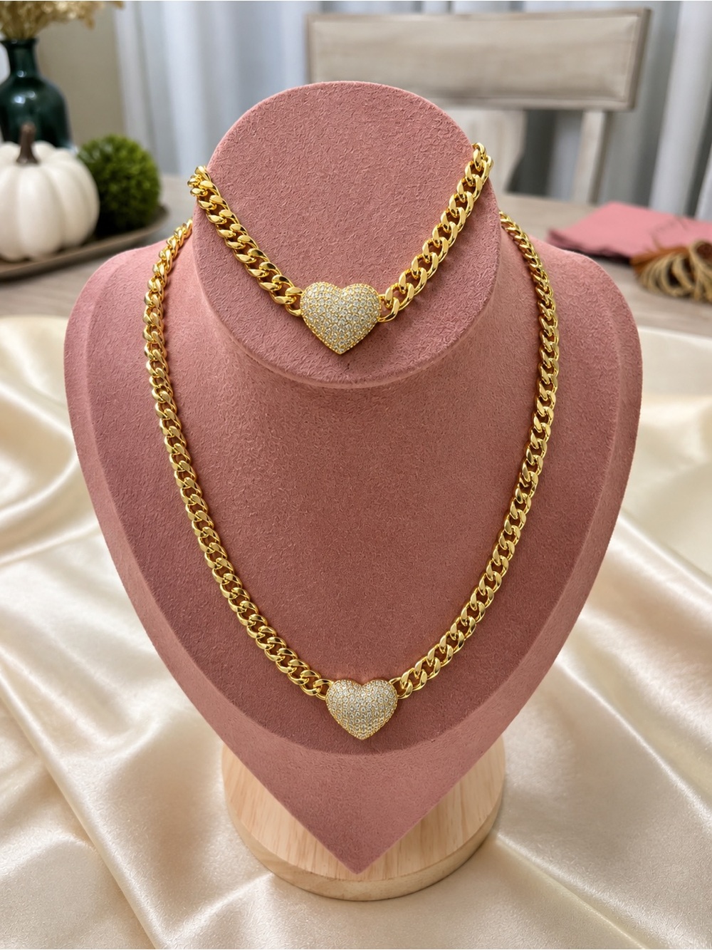 14kGold plated Heart Pavé Cuban Link Necklace Set - Women Jewelry